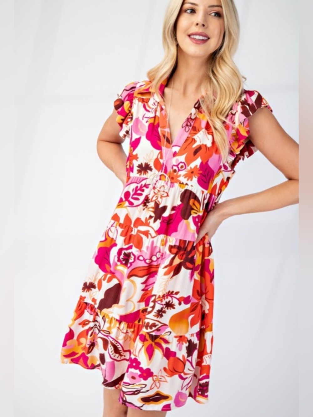 Vibrant Floral V-Neck Tiered Dress - Pink, Orange & White